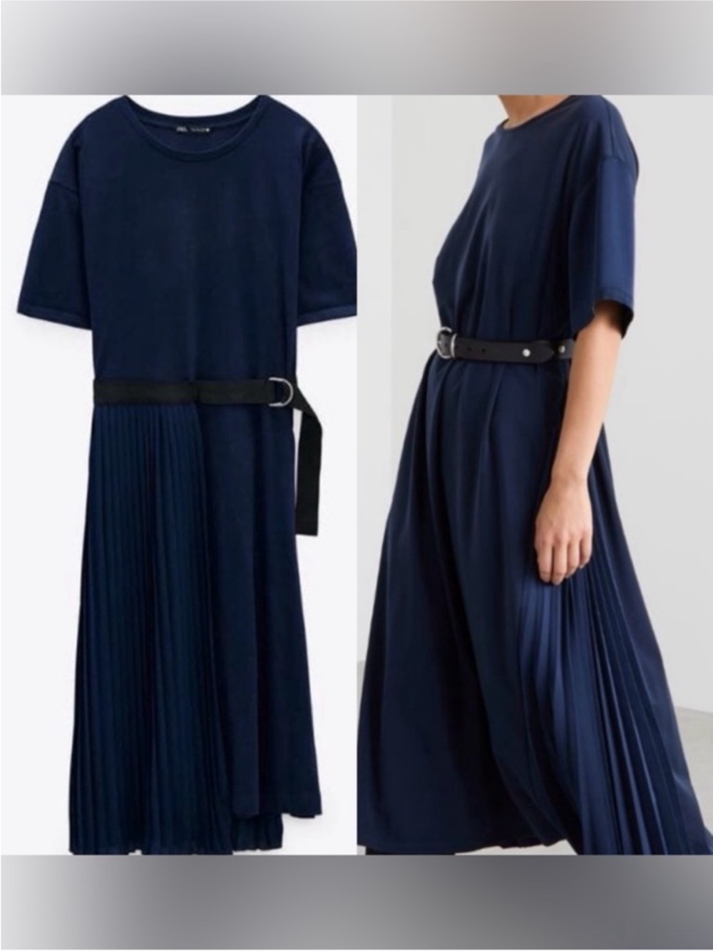 Zara Navy Pleated Midi T-Shirt Dress with Belt